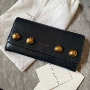 (Rare) Marc Jacobs Dark Green Gray Leather Wallet with Gold-Tone Domed Studs